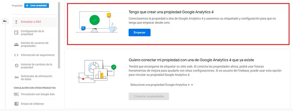 opciones actualizacion ga4